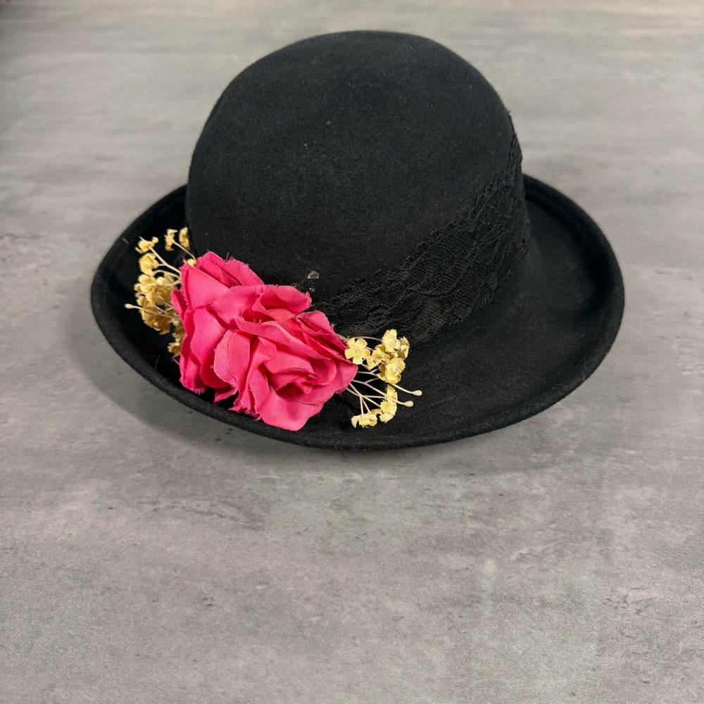 Vintage Bollman Hat Co Doeskin Felt Hat Black Wool Lace Pink Flower Coquette - Picture 3 of 7